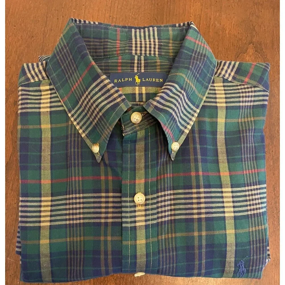 Polo Ralph Lauren Men's Shirt Size Large Green‎ Blue Plaid Long Sleeve Button Up